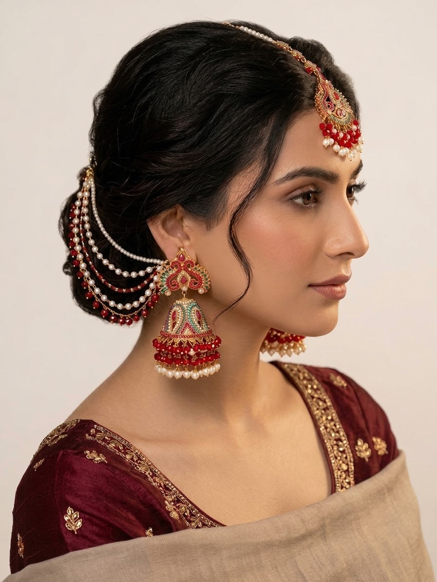 JHUMKA WITH TIKKA  RED