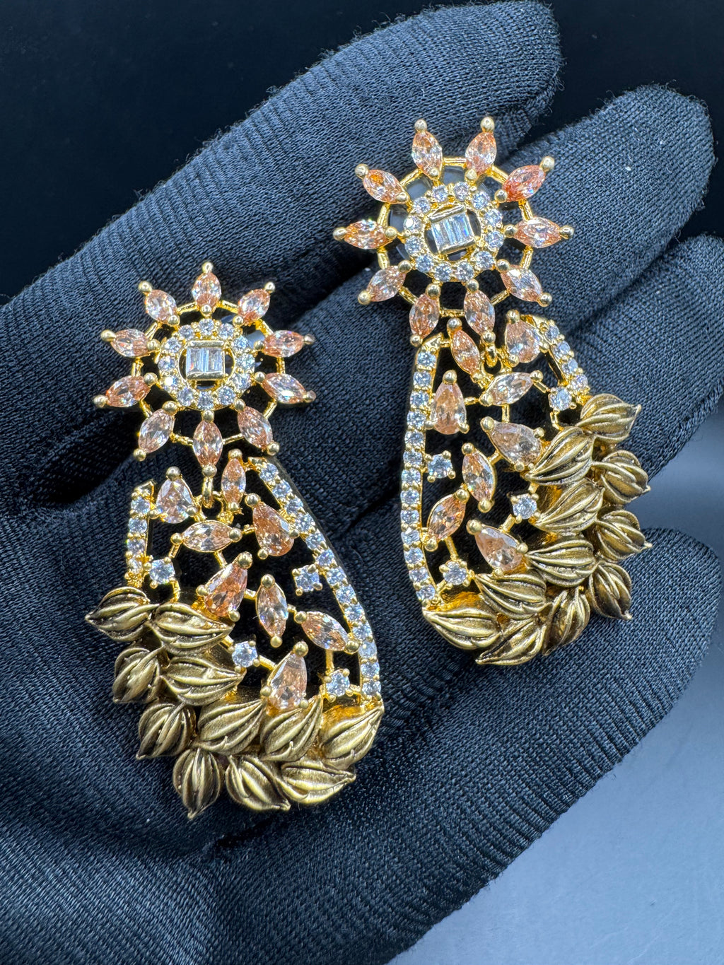 Gold Mesh Drop Zircon Earrings