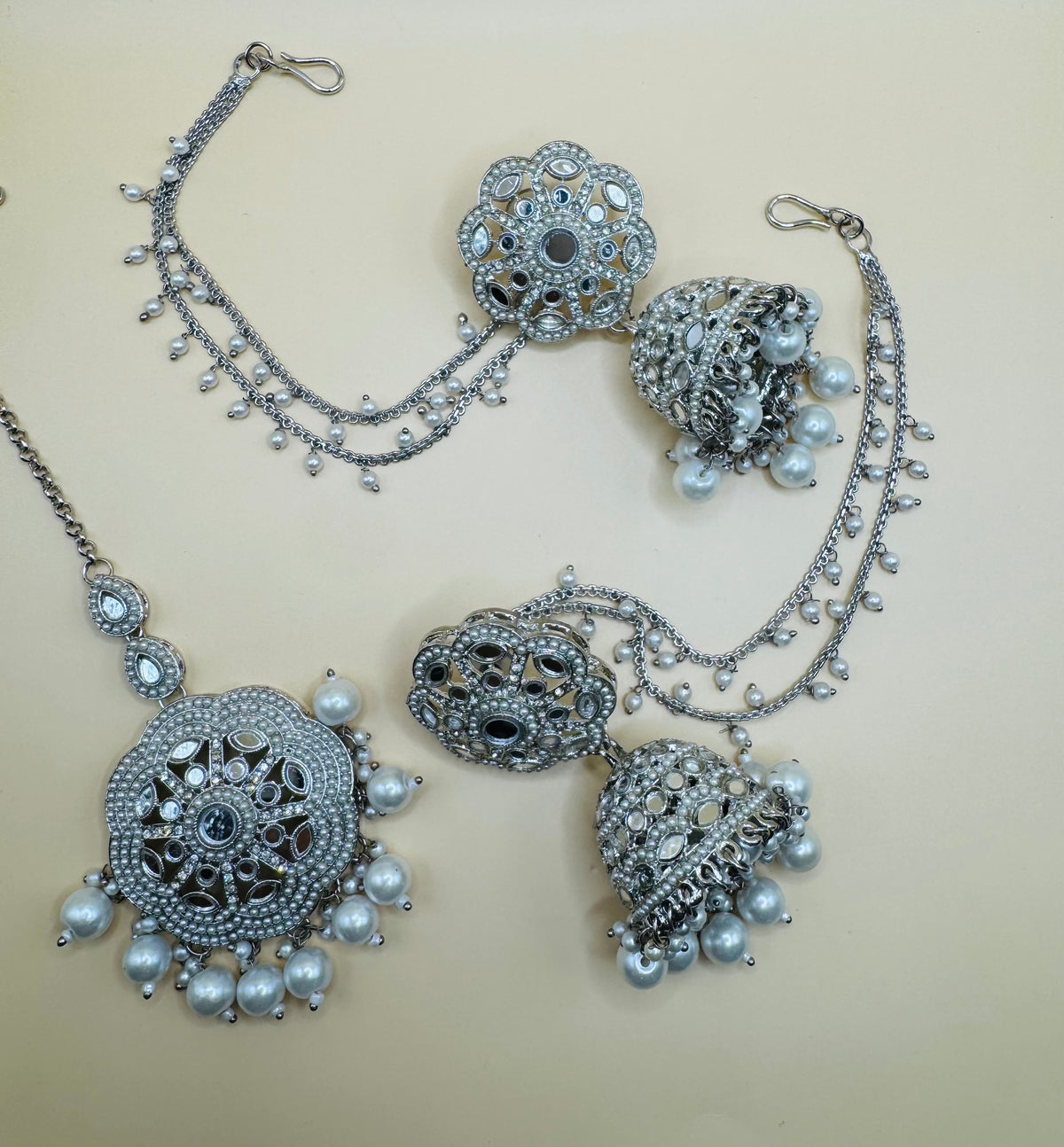 silver jhumka with tikka