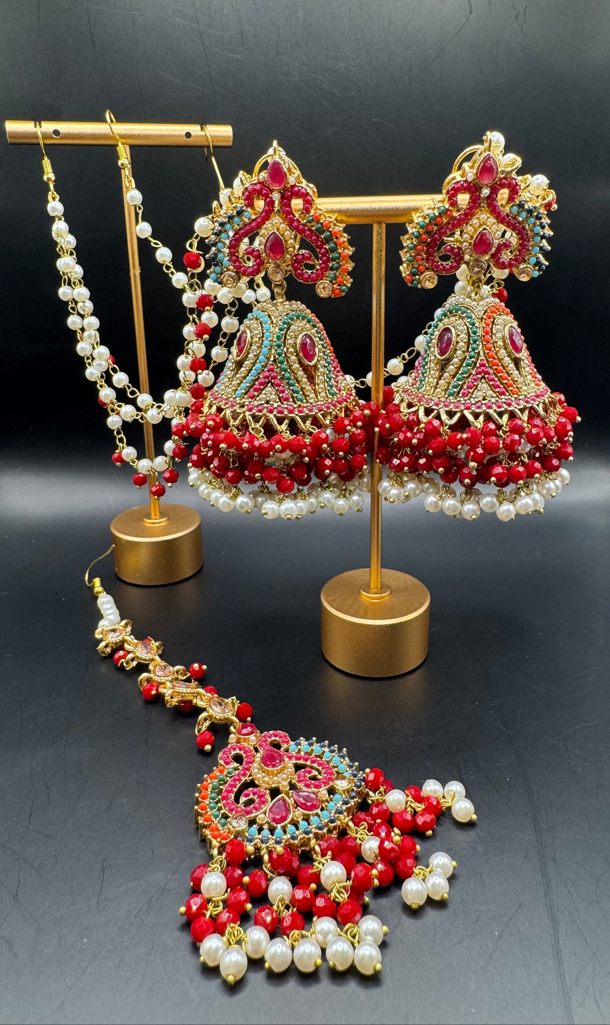 JHUMKA WITH TIKKA  RED