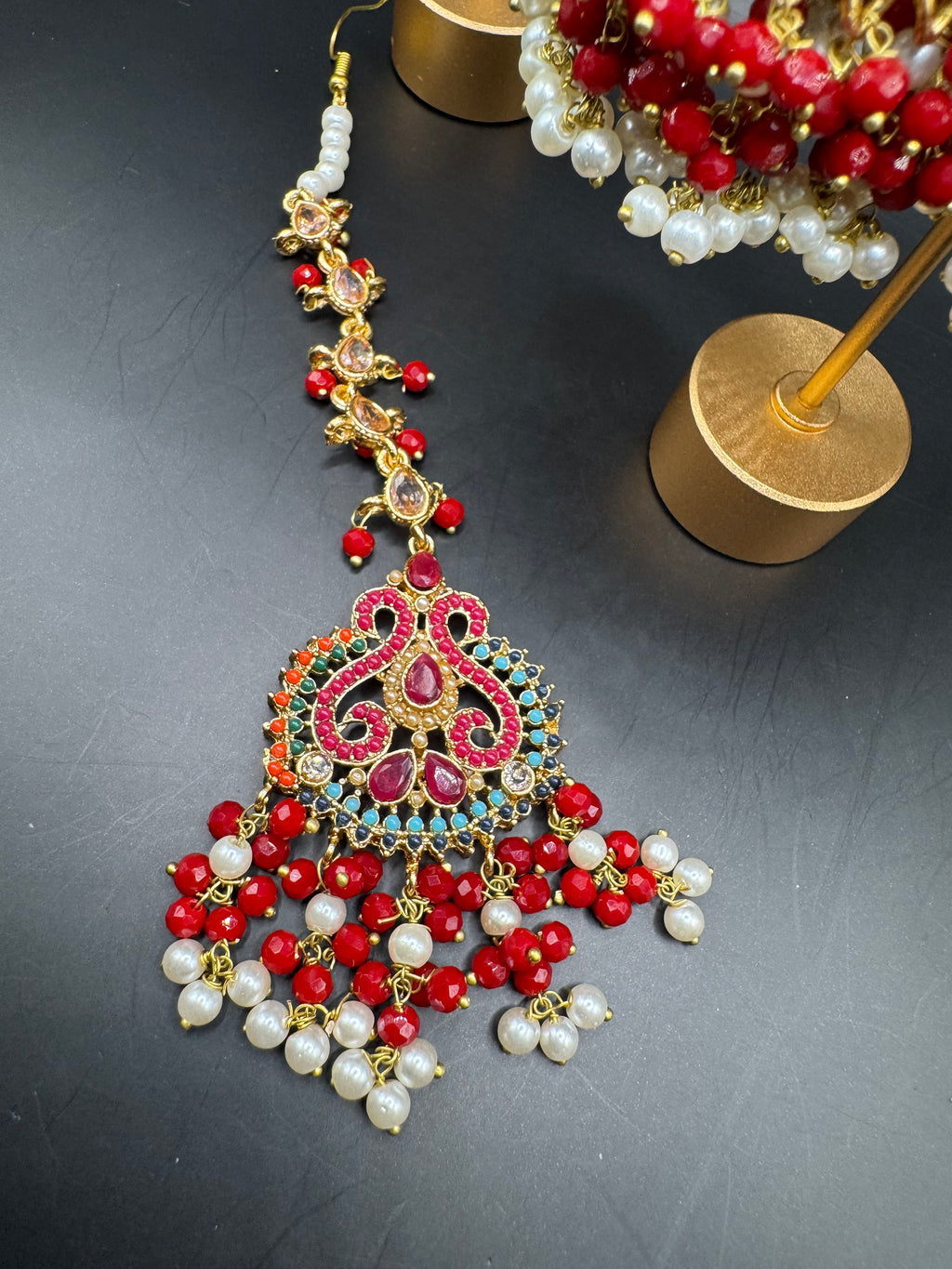 JHUMKA WITH TIKKA  RED