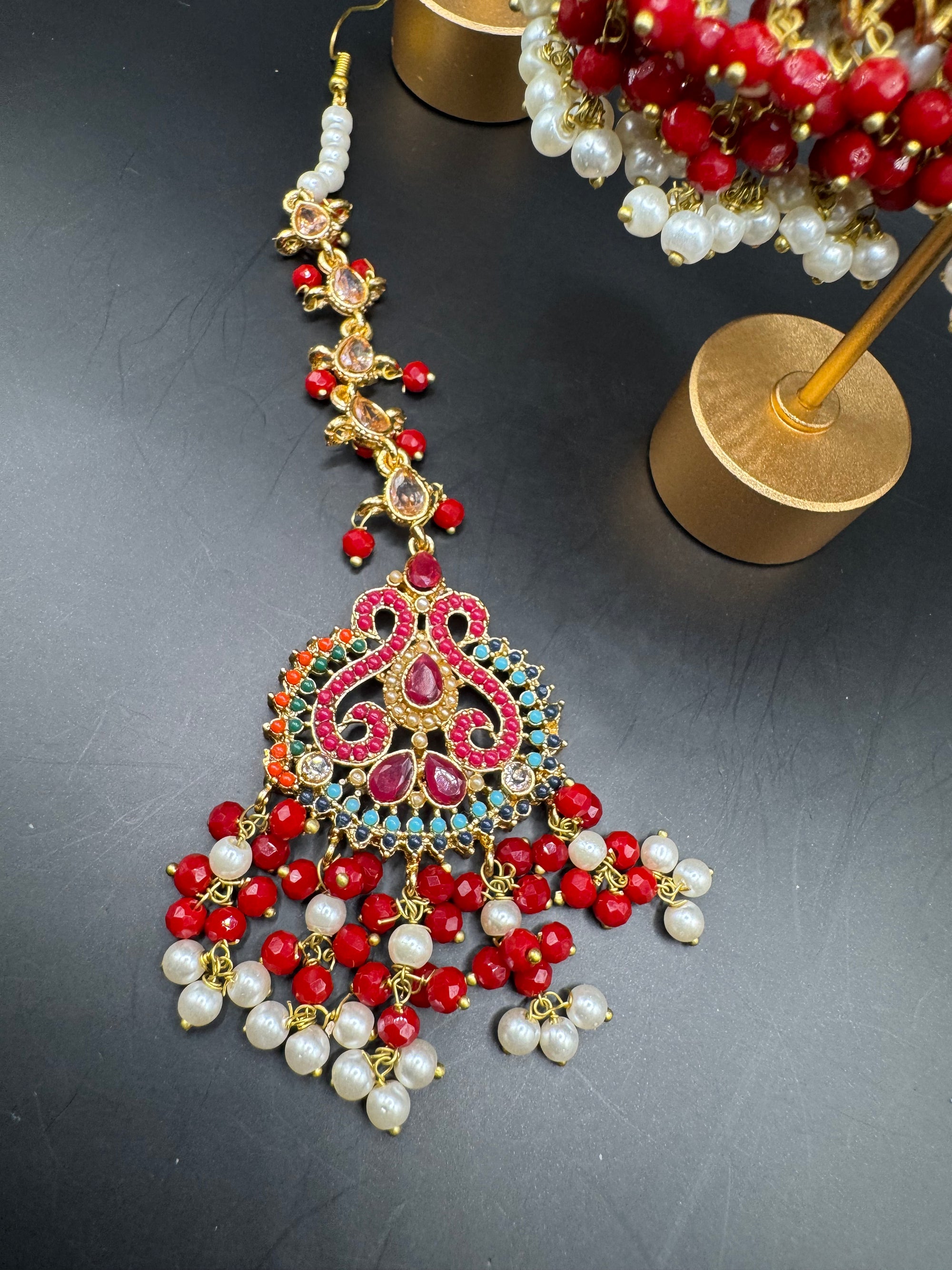 JHUMKA WITH TIKKA  RED